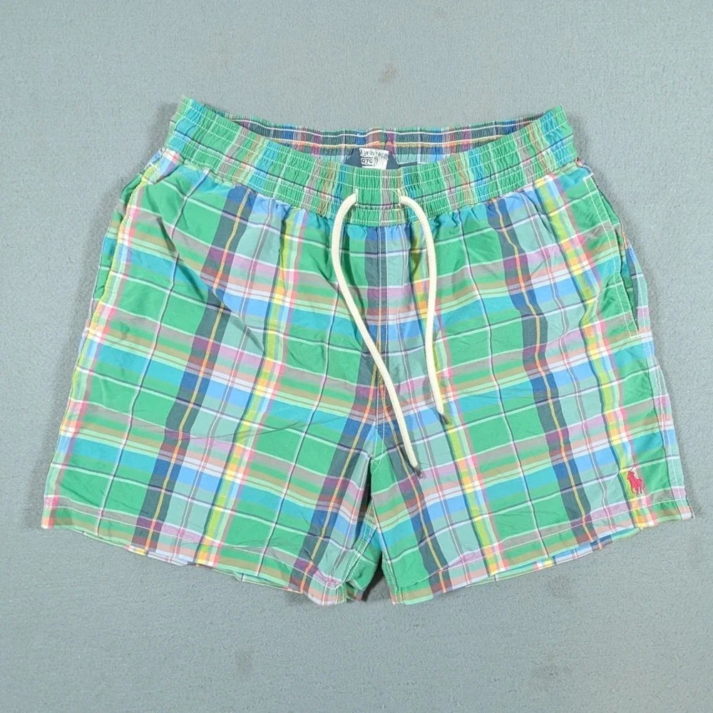Polo Ralph Lauren Swim Trunks Mens Medium Green Plaid Drawstring Mesh Lined